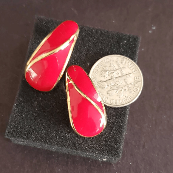 Trifari Red and Gold Enamel Earrings - Picture 3 of 5
